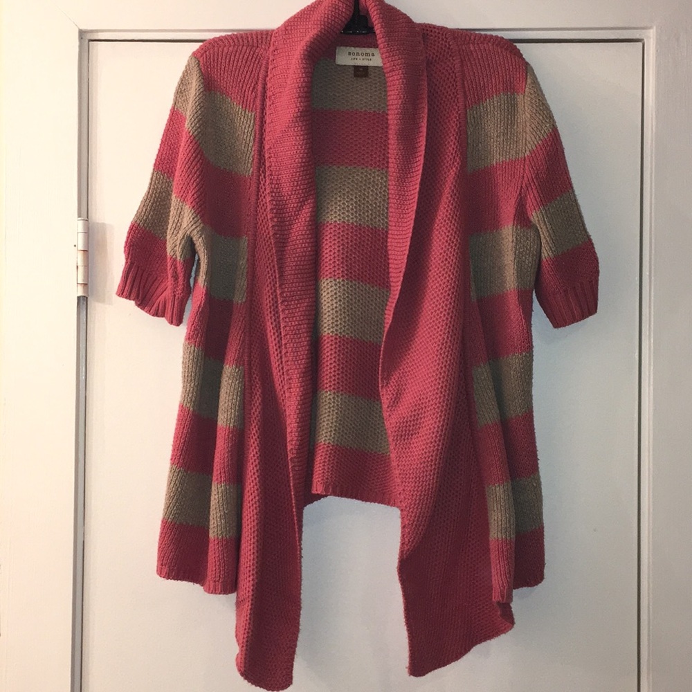 SONOMA Coral/Beige Striped Short Sleeve Cardigan